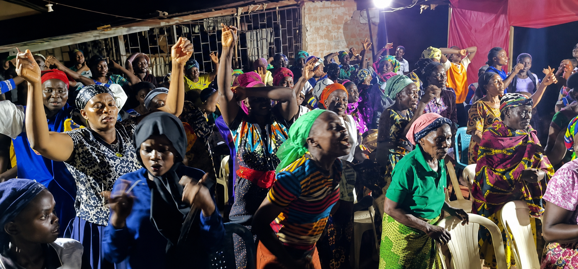 Community members gathered in worship and encouragement during an evening outreach