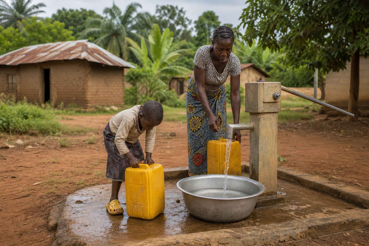 A woman and child filling yellow water containers at a village water point
