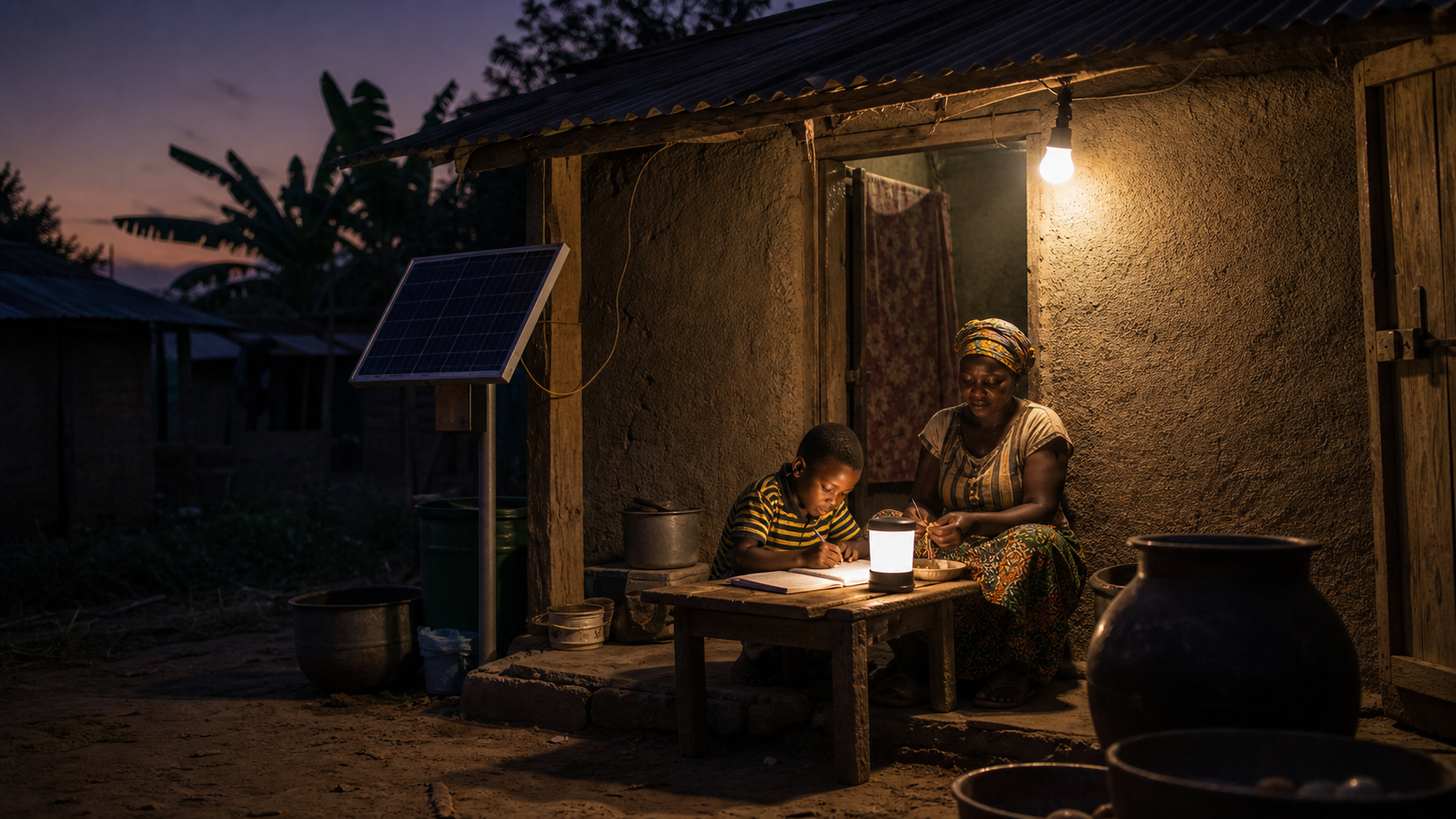 A solar light illuminating a family home at dusk